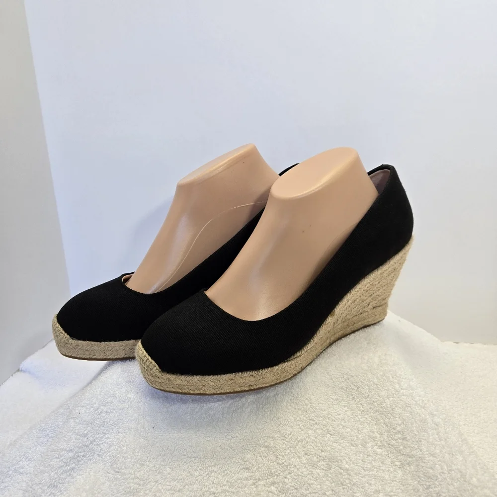 J. Crew Seville Espadrille Wedges Black Round Cap Toe Size 9 Platform Canvas